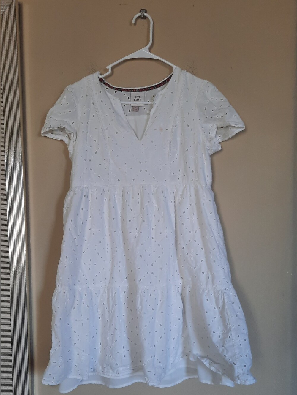 Women’s White Eyelet Embroidered V-Neck Tiered Dress